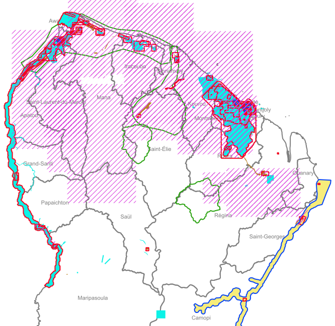 Carte des emprises des images satellite Pléiades, SPOT 6/7, Lidar, Prises de vues aériennes et levé topo, Guyane